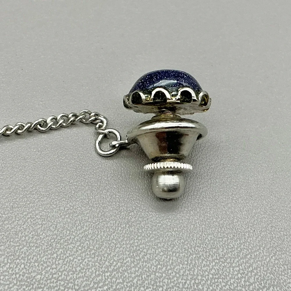 Vintage Blue Goldstone Tie Tack Silver Tone Chain T-Bar Men Accessory 8057